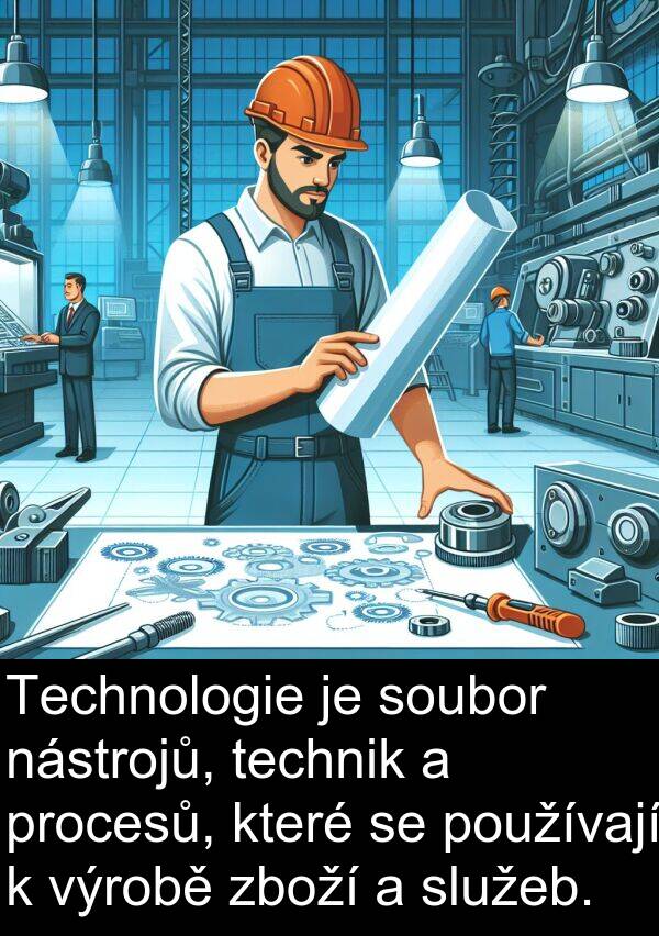 technik: Technologie je soubor nástrojů, technik a procesů, které se používají k výrobě zboží a služeb.