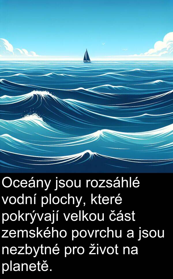 část: Oceány jsou rozsáhlé vodní plochy, které pokrývají velkou část zemského povrchu a jsou nezbytné pro život na planetě.