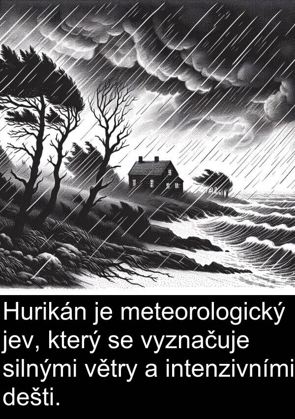 silnými: Hurikán je meteorologický jev, který se vyznačuje silnými větry a intenzivními dešti.