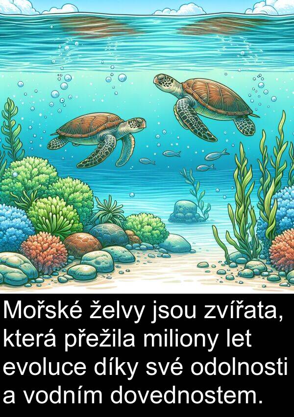 želvy: Mořské želvy jsou zvířata, která přežila miliony let evoluce díky své odolnosti a vodním dovednostem.