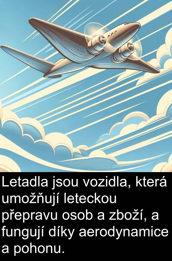 aerodynamice: Letadla jsou vozidla, která umožňují leteckou přepravu osob a zboží, a fungují díky aerodynamice a pohonu.