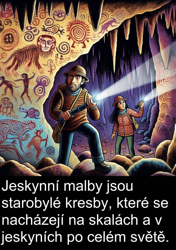 celém: Jeskynní malby jsou starobylé kresby, které se nacházejí na skalách a v jeskyních po celém světě.