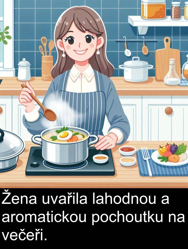 večeři: Žena uvařila lahodnou a aromatickou pochoutku na večeři.