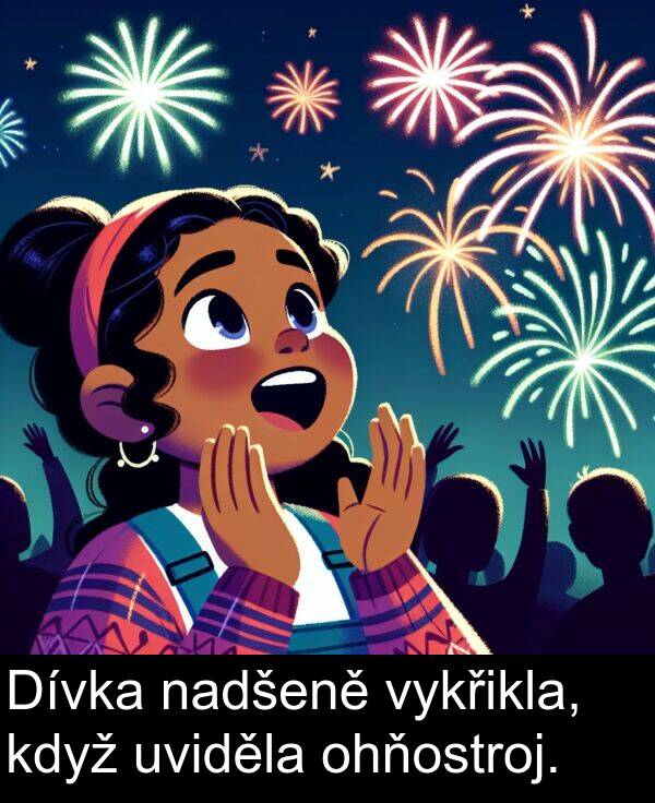 nadšeně: Dívka nadšeně vykřikla, když uviděla ohňostroj.