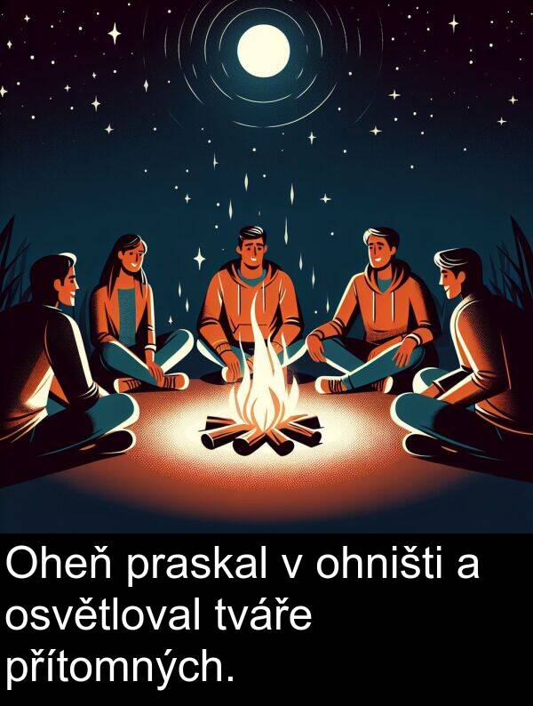 ohništi: Oheň praskal v ohništi a osvětloval tváře přítomných.