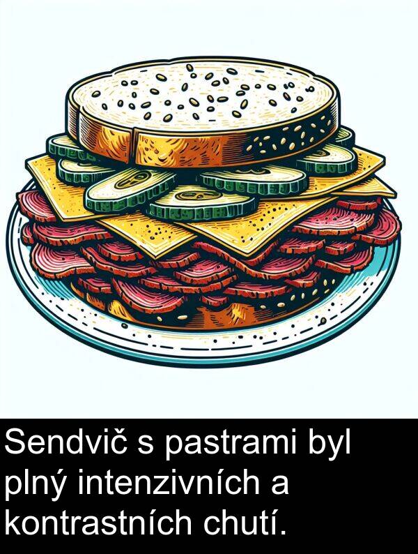 chutí: Sendvič s pastrami byl plný intenzivních a kontrastních chutí.