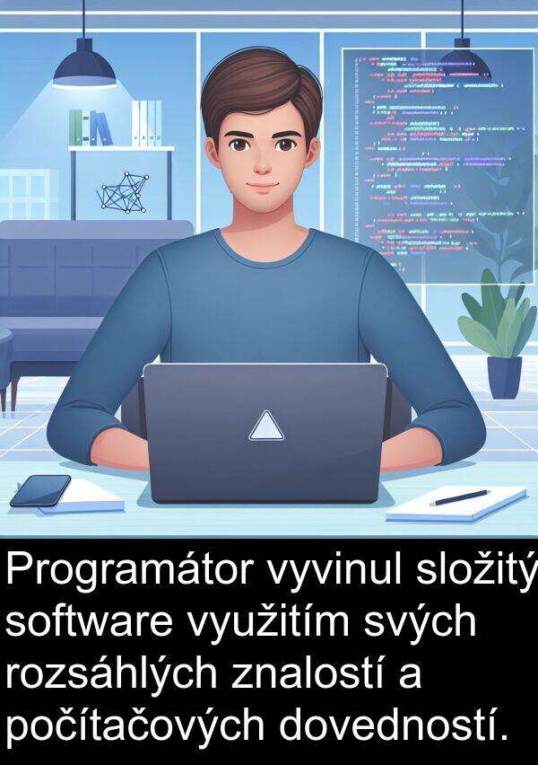 software: Programátor vyvinul složitý software využitím svých rozsáhlých znalostí a počítačových dovedností.