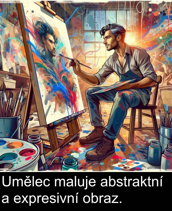 abstraktní: Umělec maluje abstraktní a expresivní obraz.