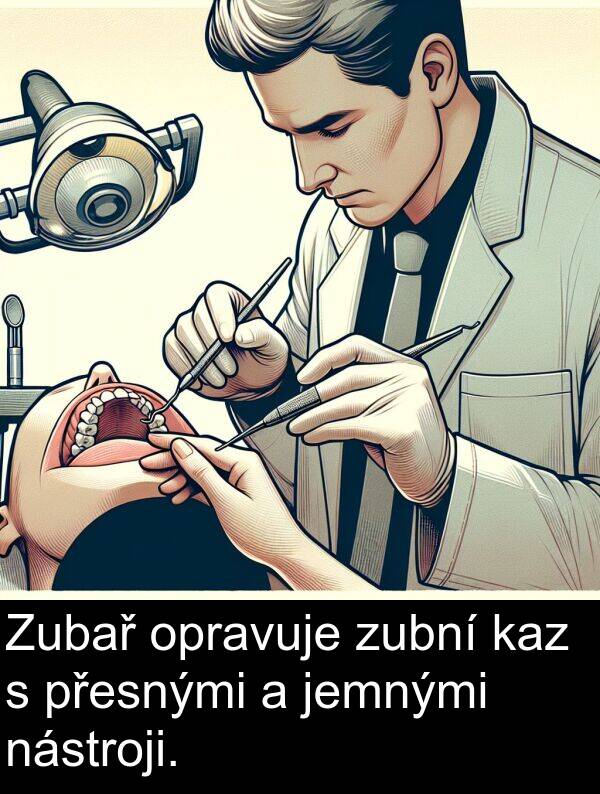 přesnými: Zubař opravuje zubní kaz s přesnými a jemnými nástroji.