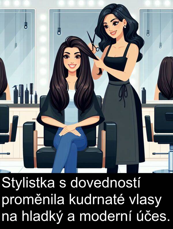 účes: Stylistka s dovedností proměnila kudrnaté vlasy na hladký a moderní účes.