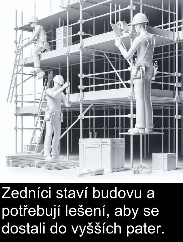 potřebují: Zedníci staví budovu a potřebují lešení, aby se dostali do vyšších pater.