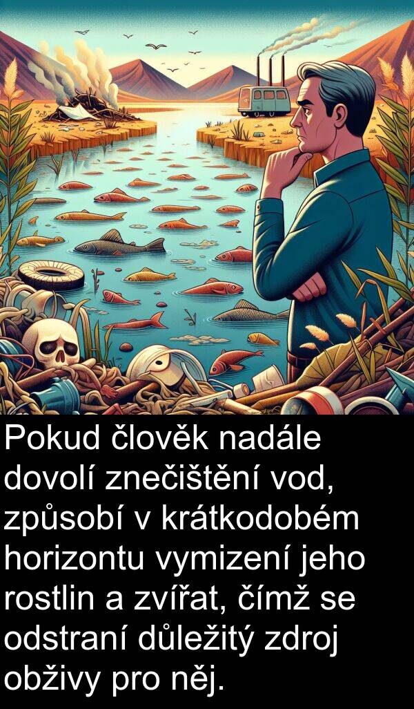 nadále: Pokud člověk nadále dovolí znečištění vod, způsobí v krátkodobém horizontu vymizení jeho rostlin a zvířat, čímž se odstraní důležitý zdroj obživy pro něj.