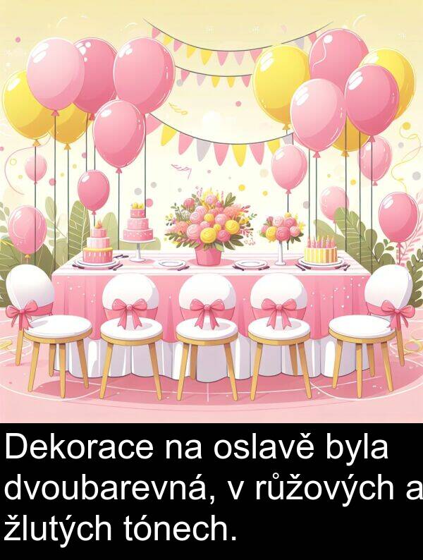 žlutých: Dekorace na oslavě byla dvoubarevná, v růžových a žlutých tónech.