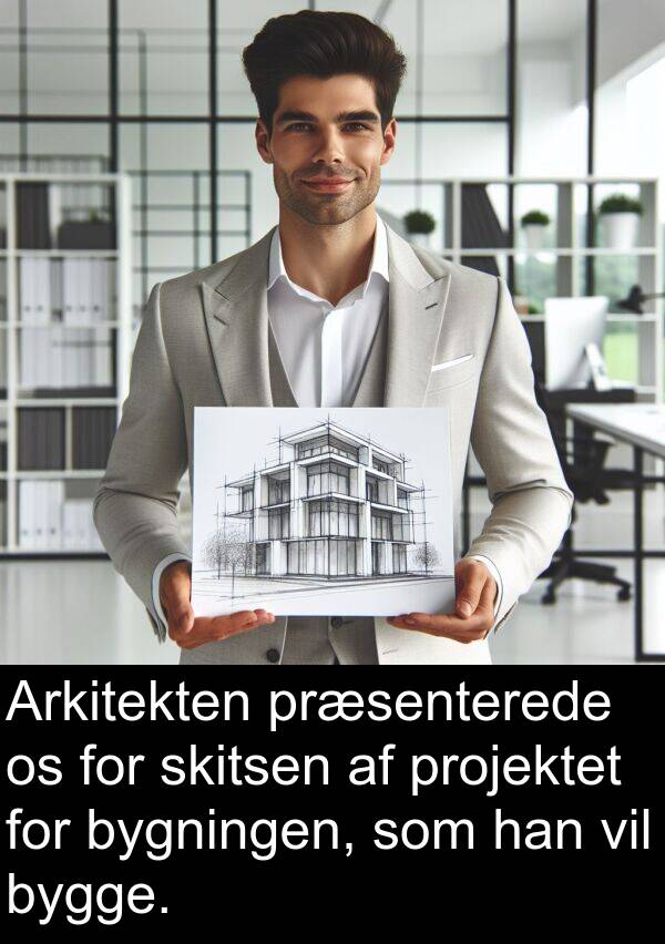 projektet: Arkitekten præsenterede os for skitsen af projektet for bygningen, som han vil bygge.