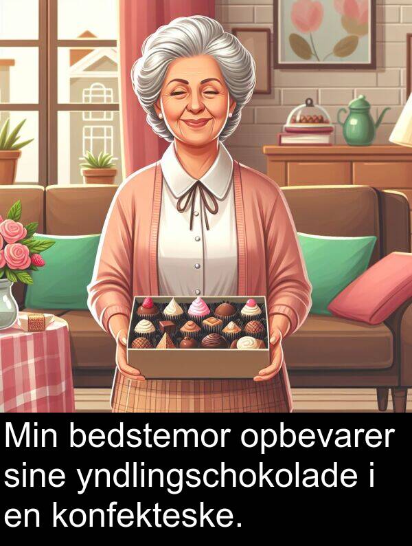 konfekteske: Min bedstemor opbevarer sine yndlingschokolade i en konfekteske.