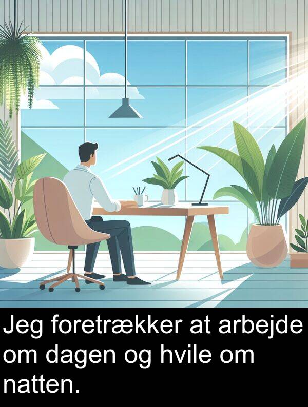 hvile: Jeg foretrækker at arbejde om dagen og hvile om natten.
