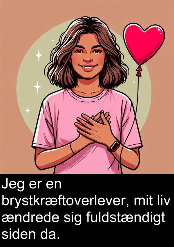 fuldstændigt: Jeg er en brystkræftoverlever, mit liv ændrede sig fuldstændigt siden da.