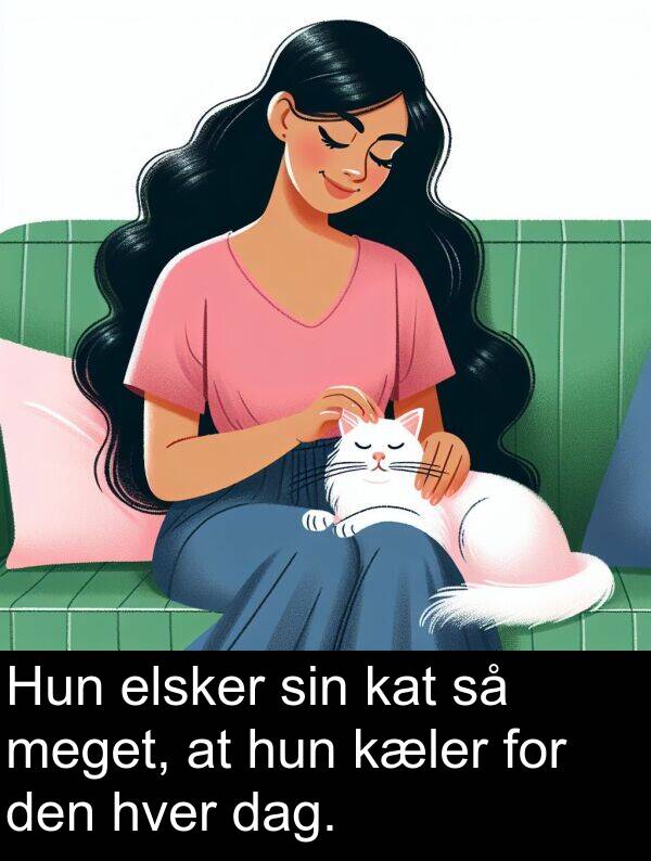 kat: Hun elsker sin kat så meget, at hun kæler for den hver dag.