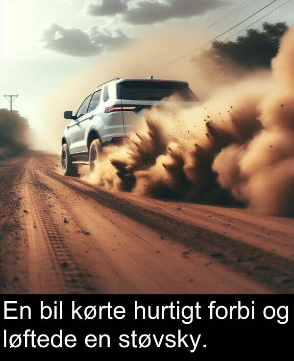 kørte: En bil kørte hurtigt forbi og løftede en støvsky.