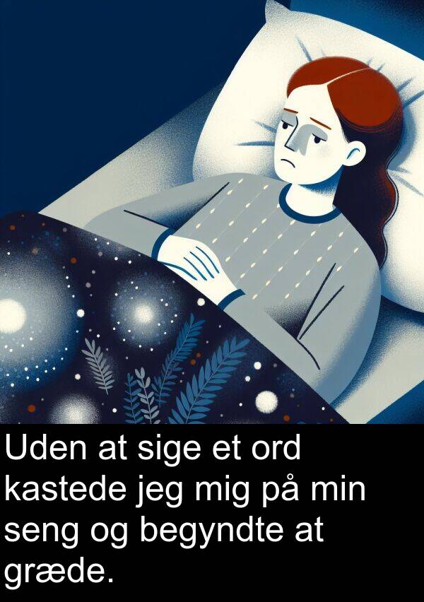 kastede: Uden at sige et ord kastede jeg mig på min seng og begyndte at græde.