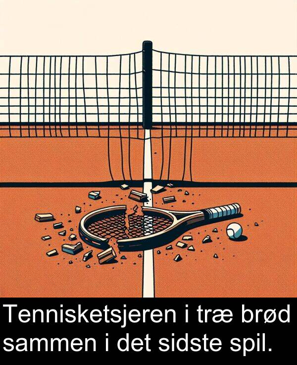 sammen: Tennisketsjeren i træ brød sammen i det sidste spil.