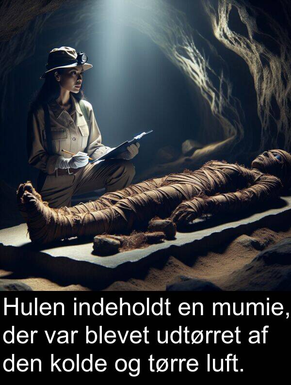 indeholdt: Hulen indeholdt en mumie, der var blevet udtørret af den kolde og tørre luft.
