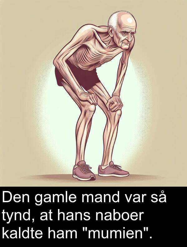 mand: Den gamle mand var så tynd, at hans naboer kaldte ham "mumien".