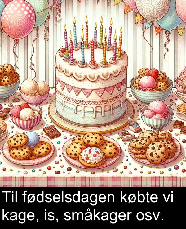 købte: Til fødselsdagen købte vi kage, is, småkager osv.