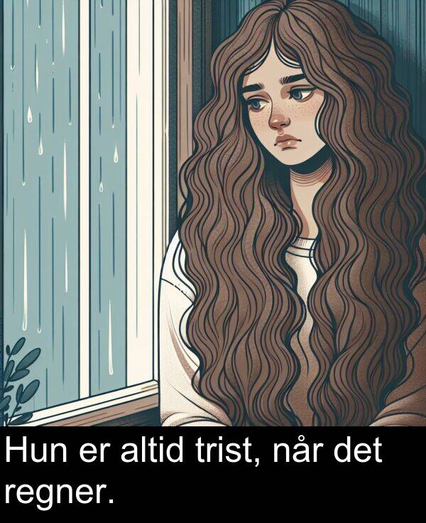 det: Hun er altid trist, når det regner.