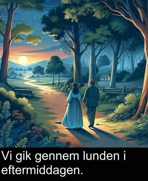 gennem: Vi gik gennem lunden i eftermiddagen.