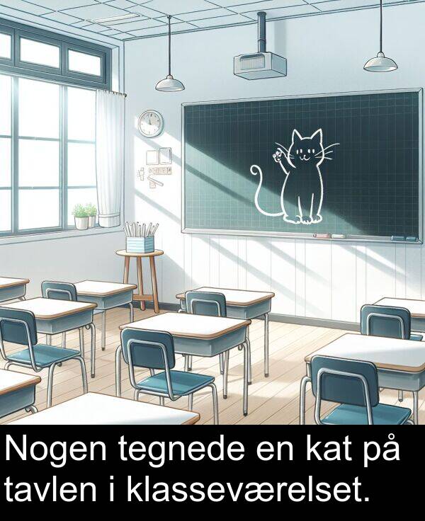 kat: Nogen tegnede en kat på tavlen i klasseværelset.