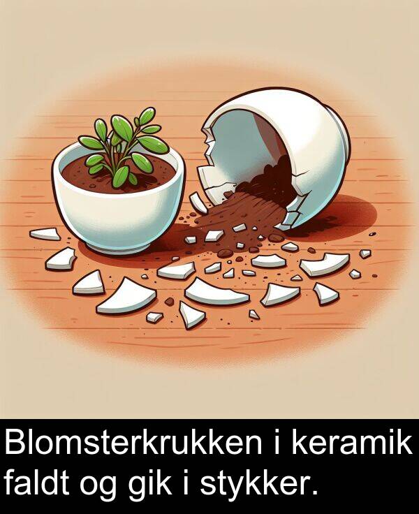keramik: Blomsterkrukken i keramik faldt og gik i stykker.