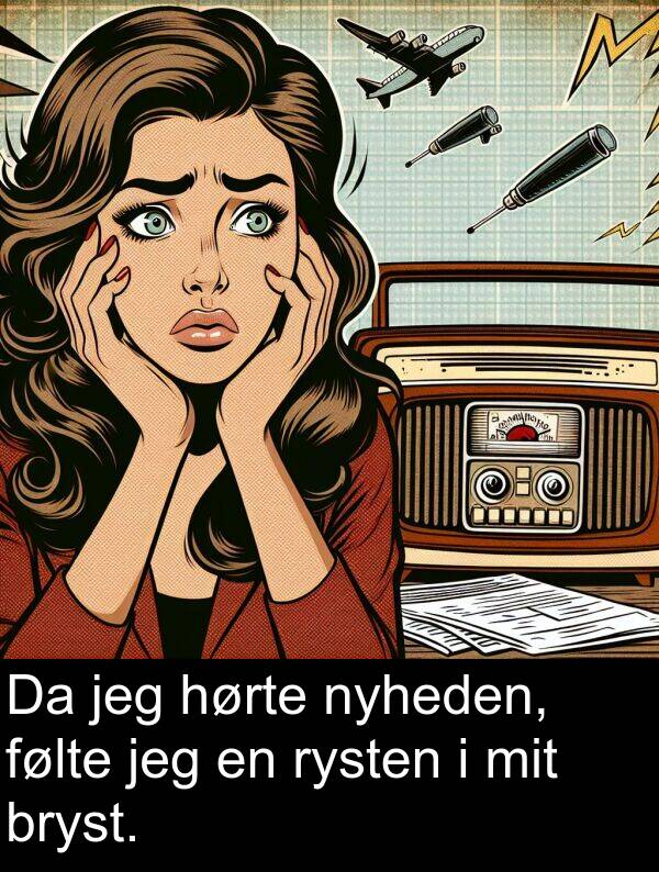 mit: Da jeg hørte nyheden, følte jeg en rysten i mit bryst.