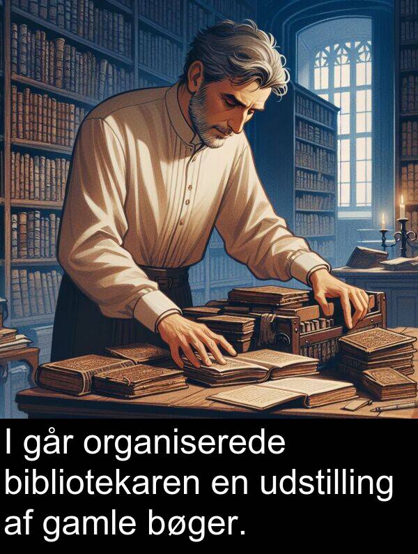 gamle: I går organiserede bibliotekaren en udstilling af gamle bøger.