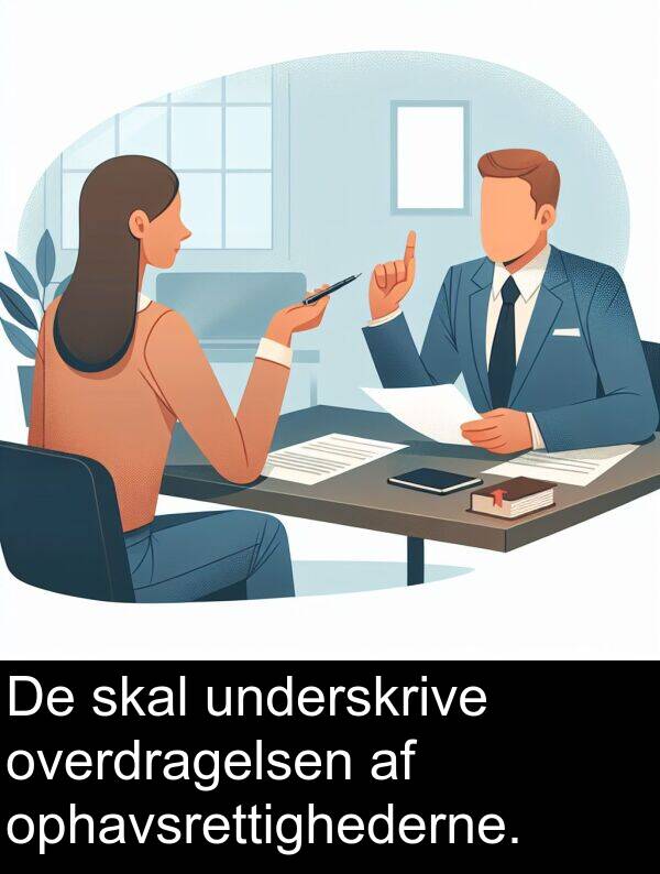 underskrive: De skal underskrive overdragelsen af ophavsrettighederne.