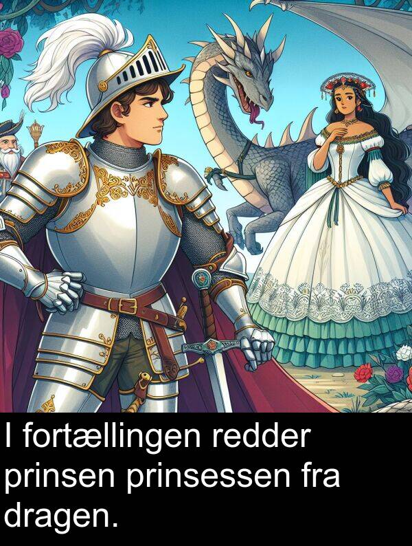 fortællingen: I fortællingen redder prinsen prinsessen fra dragen.