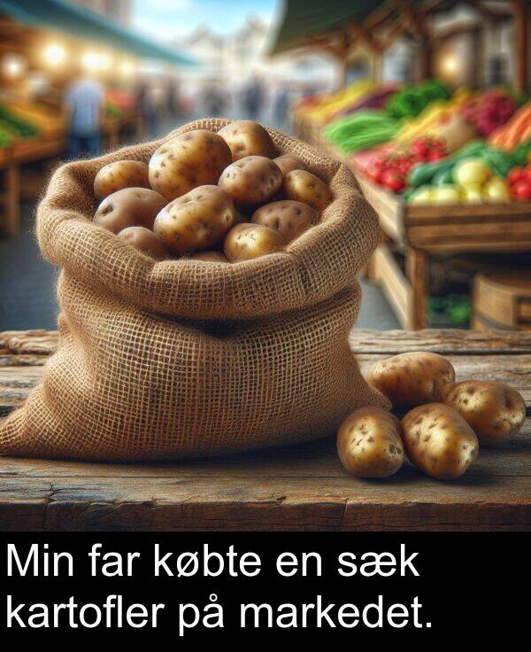 kartofler: Min far købte en sæk kartofler på markedet.