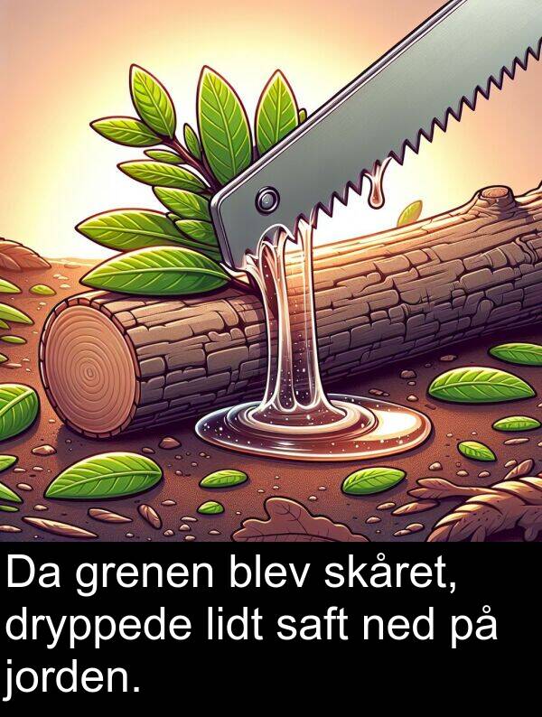 jorden: Da grenen blev skåret, dryppede lidt saft ned på jorden.
