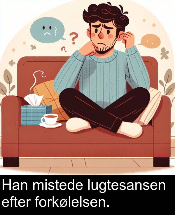 efter: Han mistede lugtesansen efter forkølelsen.