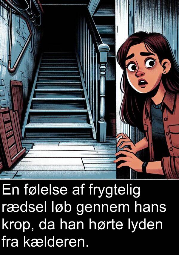 kælderen: En følelse af frygtelig rædsel løb gennem hans krop, da han hørte lyden fra kælderen.
