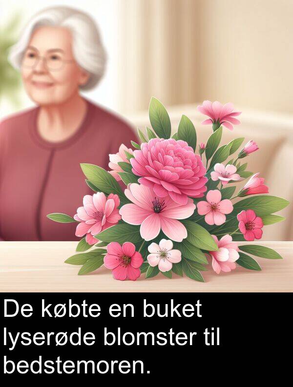 købte: De købte en buket lyserøde blomster til bedstemoren.