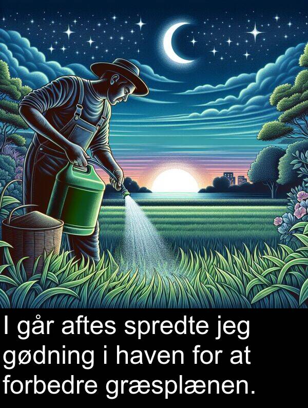 forbedre: I går aftes spredte jeg gødning i haven for at forbedre græsplænen.