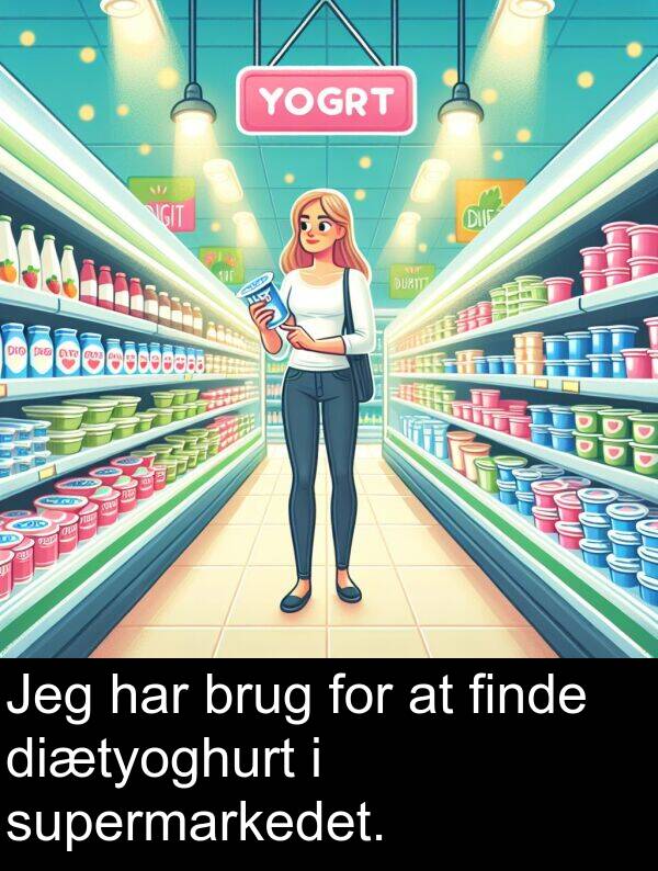 finde: Jeg har brug for at finde diætyoghurt i supermarkedet.