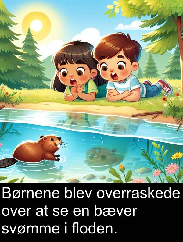 overraskede: Børnene blev overraskede over at se en bæver svømme i floden.