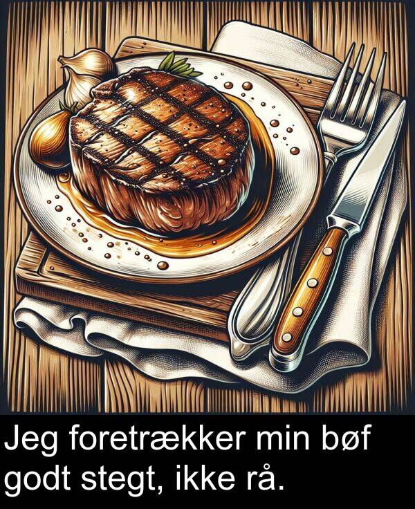 min: Jeg foretrækker min bøf godt stegt, ikke rå.