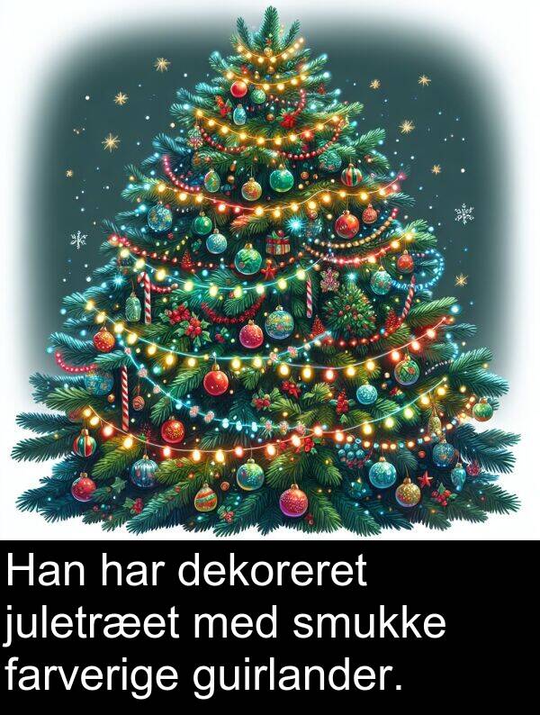 juletræet: Han har dekoreret juletræet med smukke farverige guirlander.