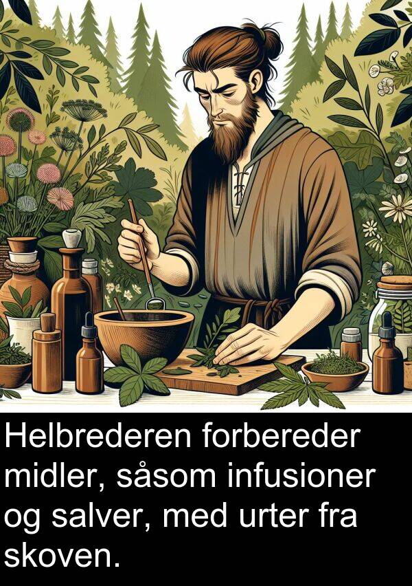 midler: Helbrederen forbereder midler, såsom infusioner og salver, med urter fra skoven.
