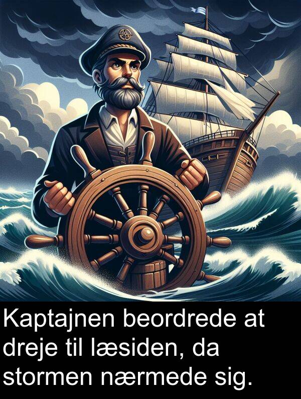 beordrede: Kaptajnen beordrede at dreje til læsiden, da stormen nærmede sig.