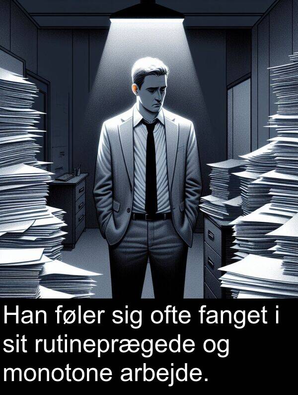 monotone: Han føler sig ofte fanget i sit rutineprægede og monotone arbejde.