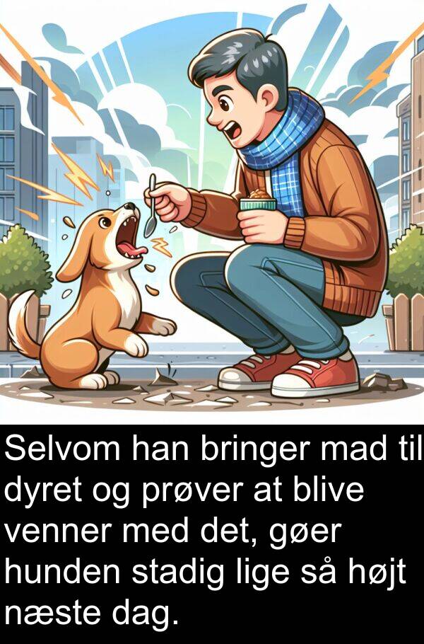 bringer: Selvom han bringer mad til dyret og prøver at blive venner med det, gøer hunden stadig lige så højt næste dag.